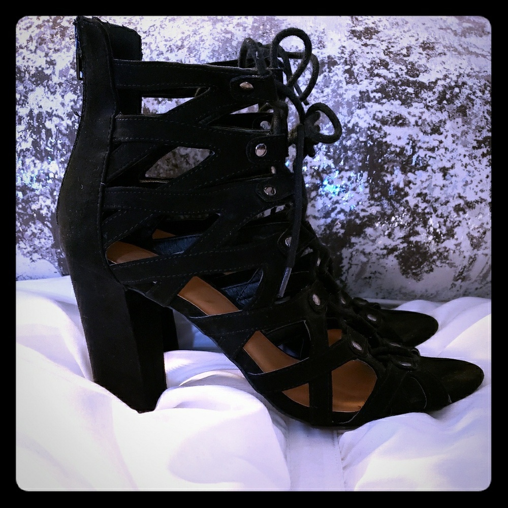 Lace up studded heeled sandals